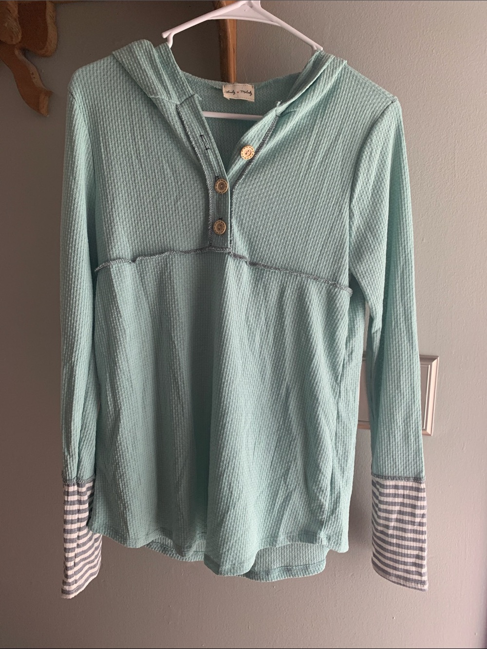 Lovely Melody Mint Aqua Waffle Knit Hooded Top with thumb holes brand new